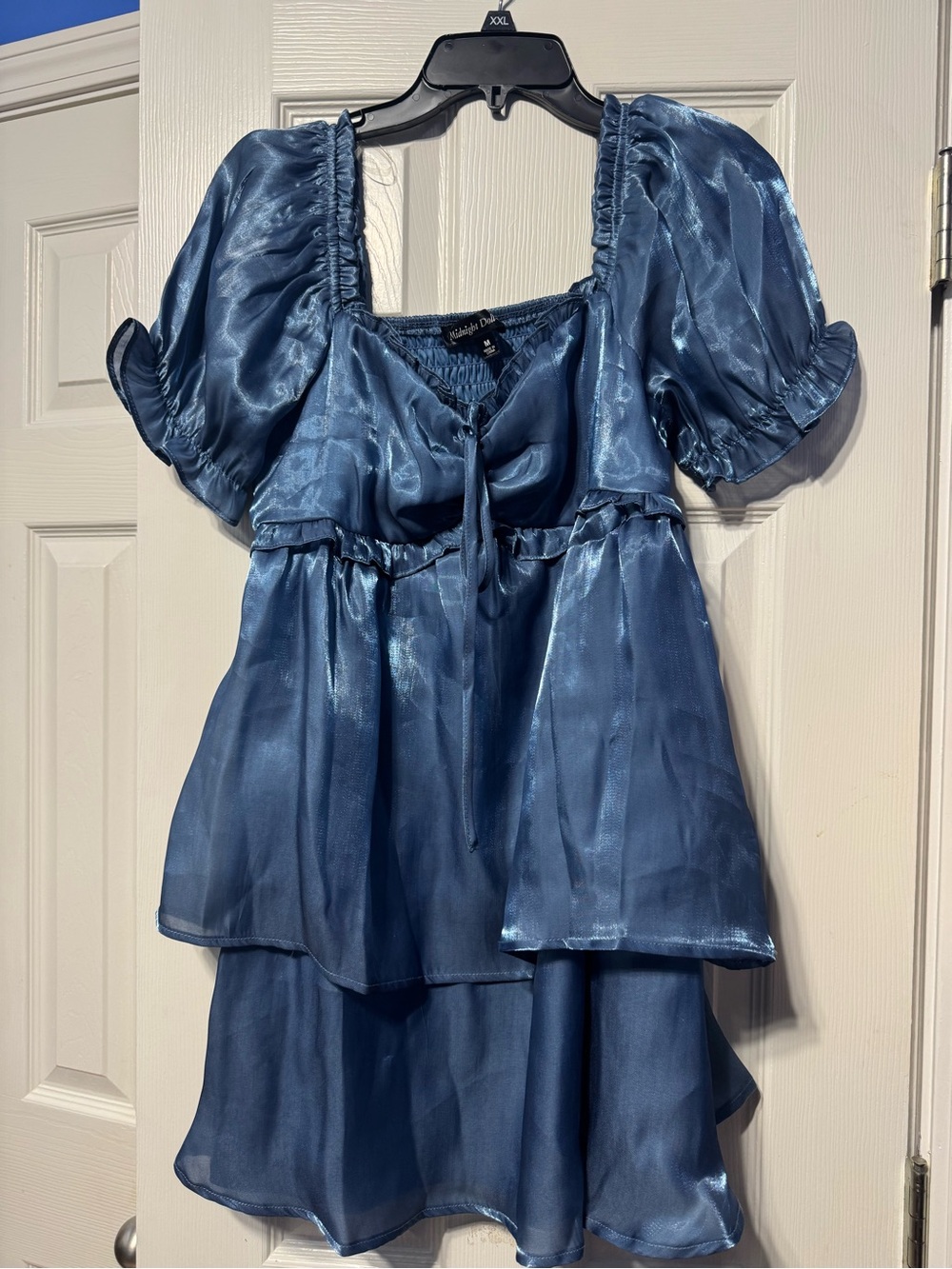 Women's Shiny Blue Puff-Sleeve Smocked Mini Dress